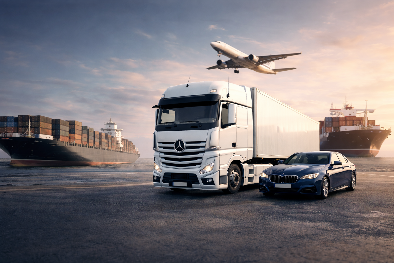 شاحنات نقل حديثة في ساحة شحن مع حاويات ملونة تحت سماء زرقاء